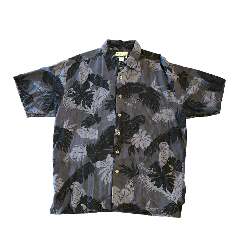 Kahala Maui Jim Hawaiian Shirt Mens Size Large Black Gray Button Up 100% Silk